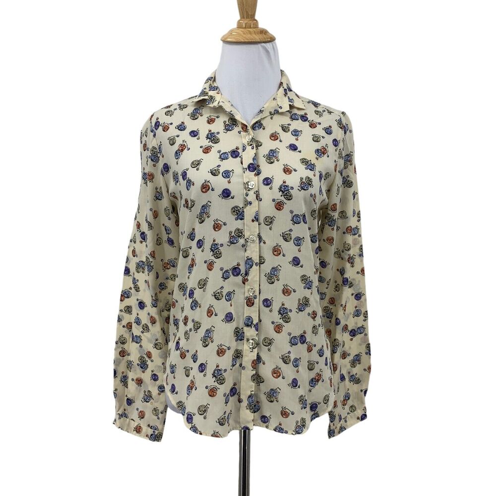 Vintage JCPenney Button Up Shirt Womens S Small Long Sleeve Penny Farthing Bike